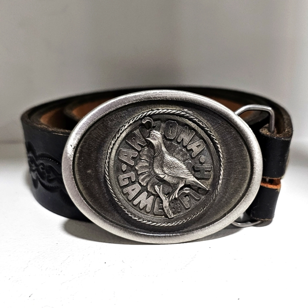 Vintage Sid Bell Pilgrim Pewter Arizona Game & Fish Quail Buckle western  belt